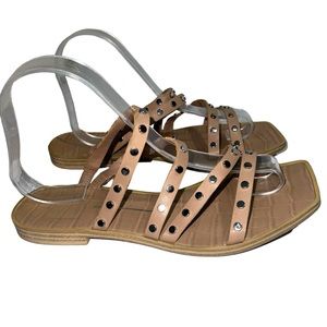 Dolce Vita Size 8 Studded Flat Square Toe Tan Sandals Slip on Studded